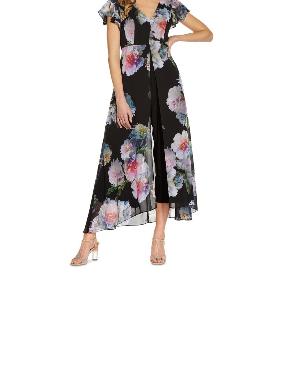 Adrianna Papell Black Floral V-Neck Midi Pant Dress Pink, White & Green Blooms